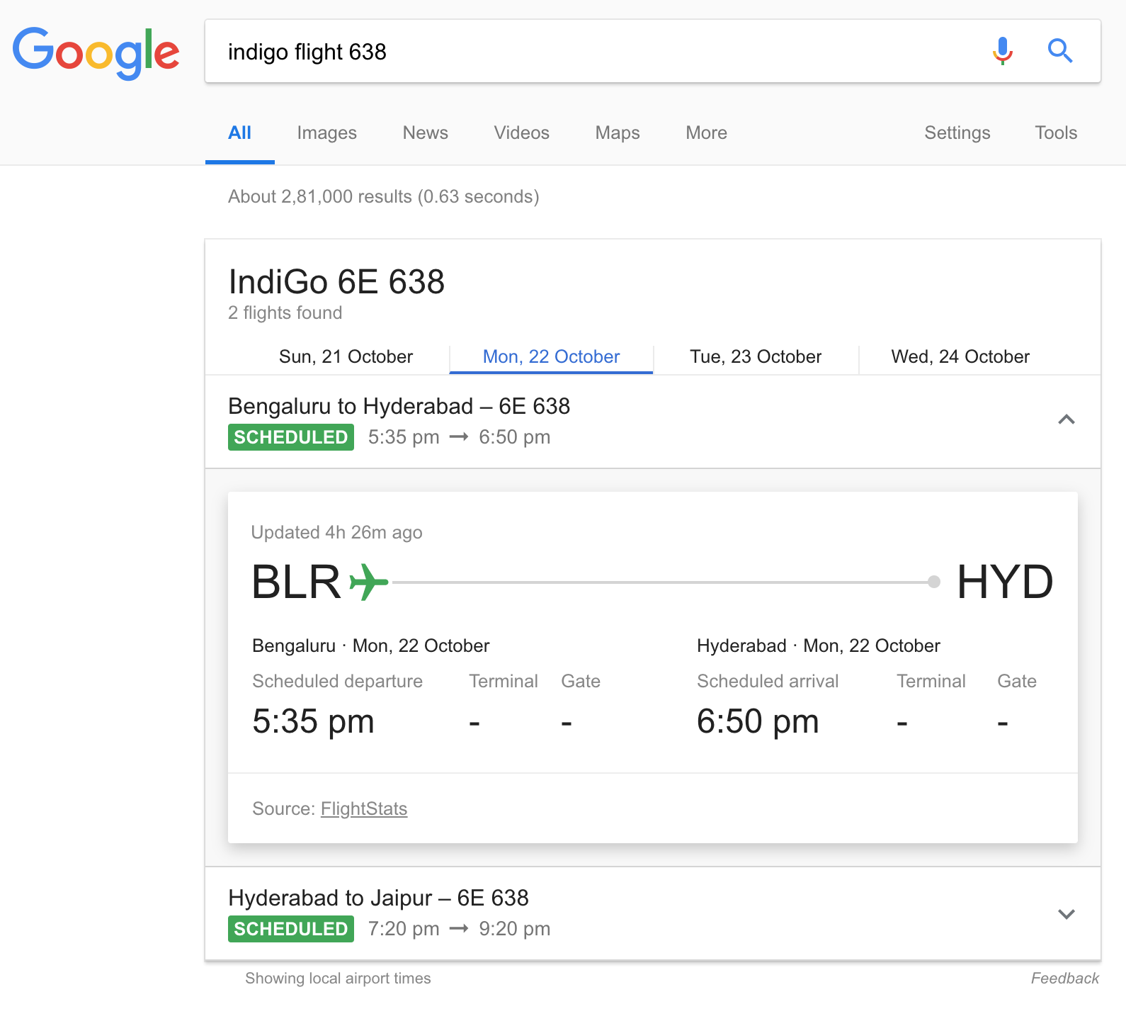 Google showing live flight status for a flight number
