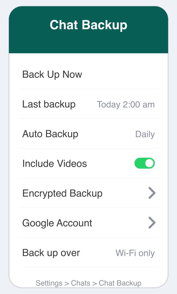 The WhatsApp Chat Backup screen
