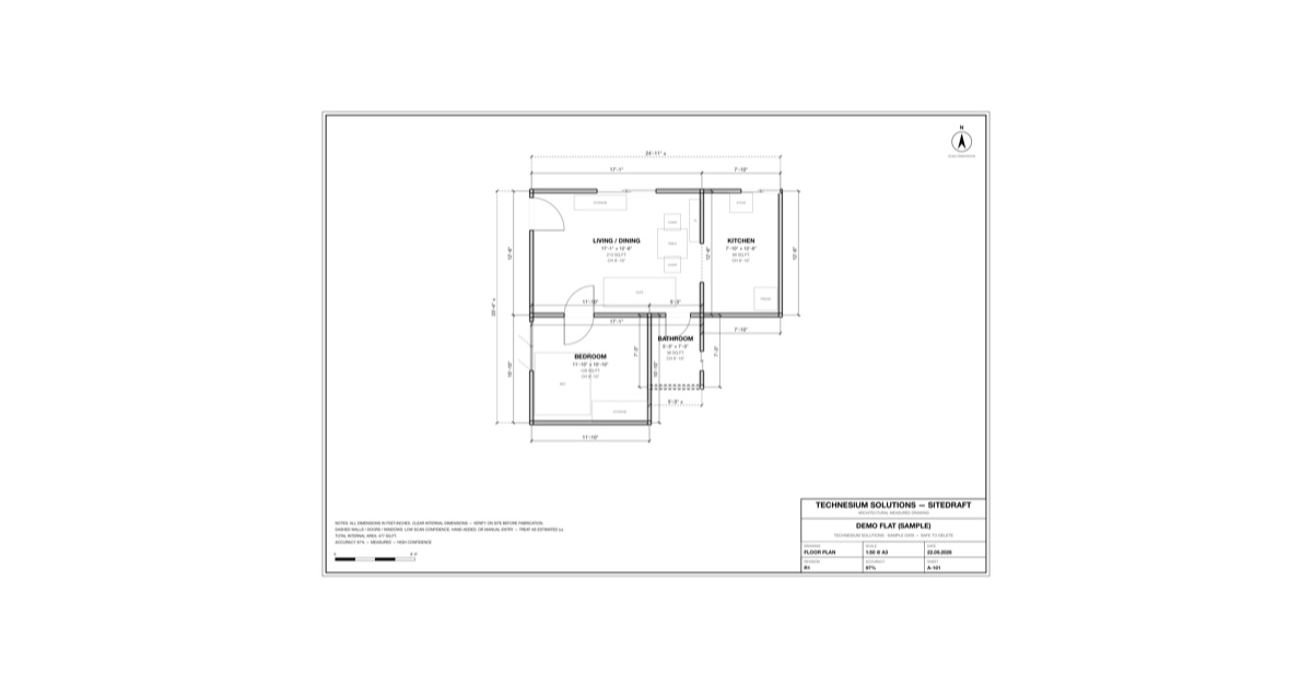 A SiteDraft A3 floor plan sheet with dimensions, scale bar, north arrow and title block